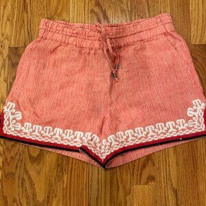 pink striped drawstring waist linen shorts with embroidered hem